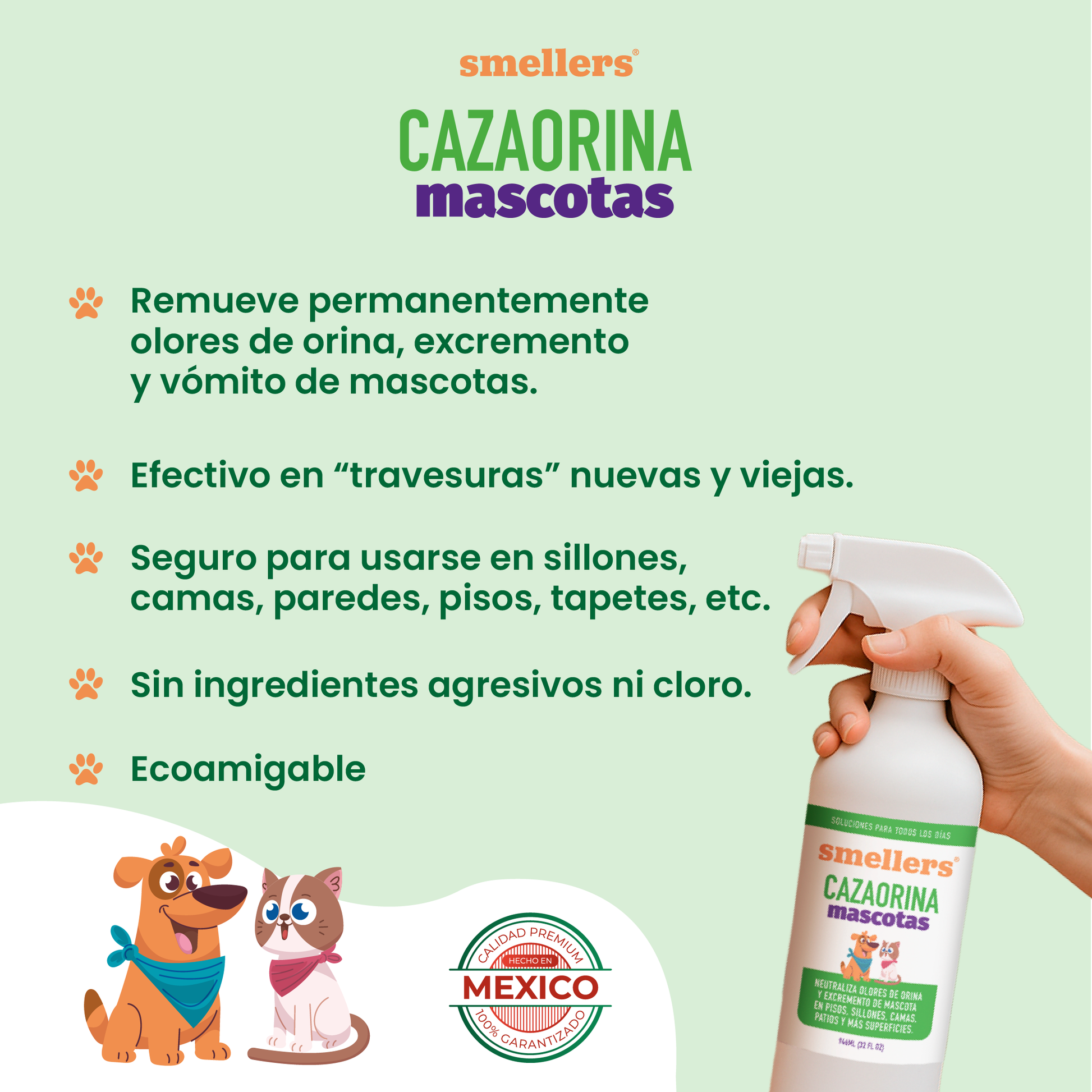 Remueve permanentemente olores de orina, excremento y vómito. Efectivo para limpiar pisos, tapetes y colchones que huelen a orina. No contiene cloro, ecoamigable. Ideal para perros y gatos.