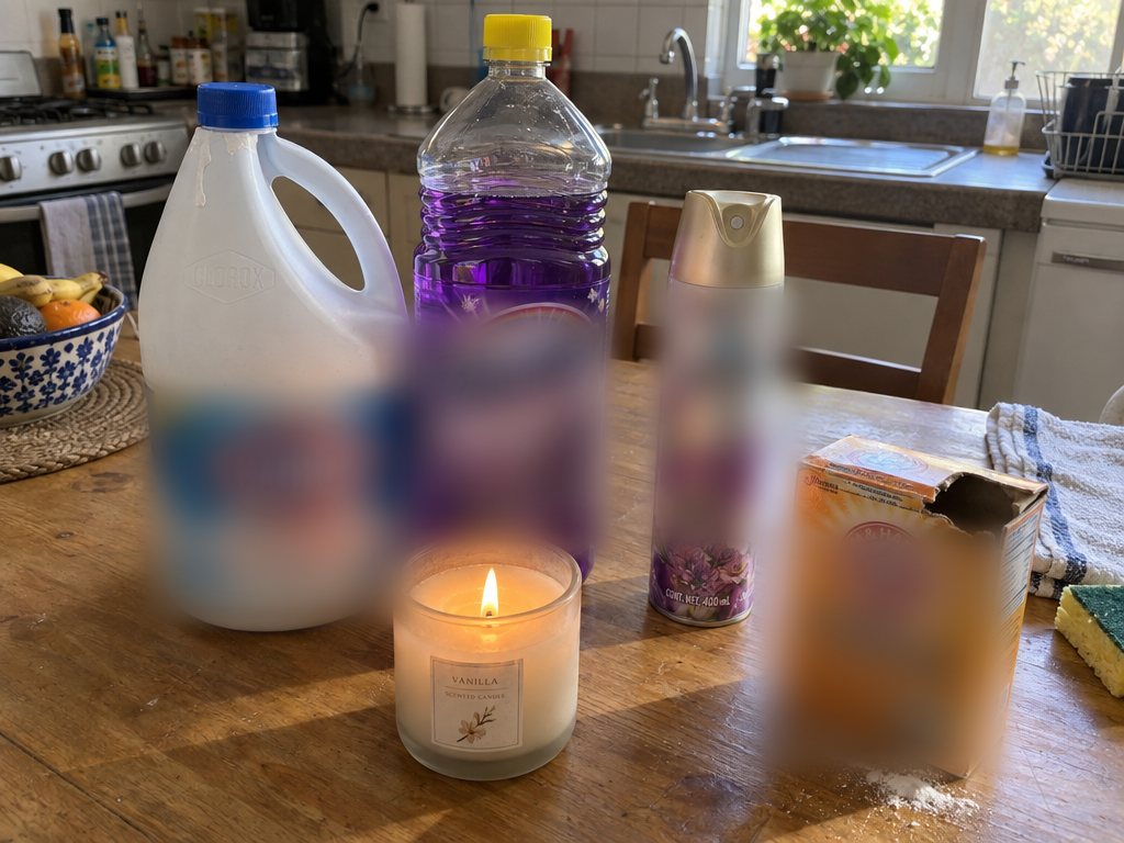 Cloro, limpiador con aroma, vela y bicarbonato sobre la mesa de la cocina