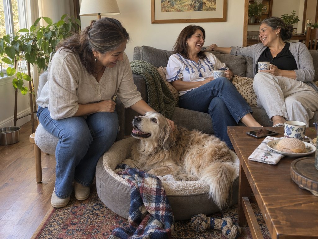 Visitas sentadas en la sala junto a la perrita en su camita