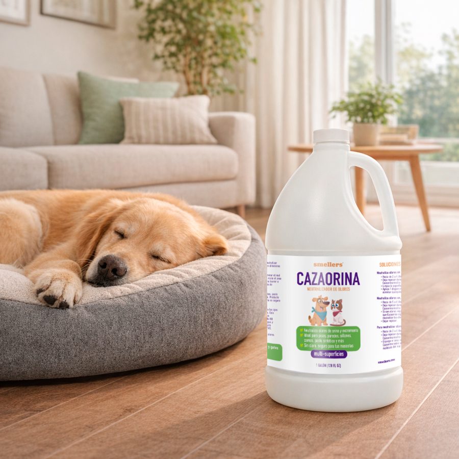 Perro dormido en su cama junto al galón de Cazaorina preparado