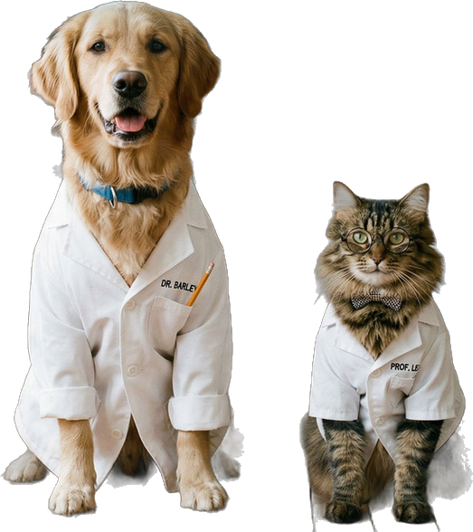 Un perro y un gato con bata de laboratorio